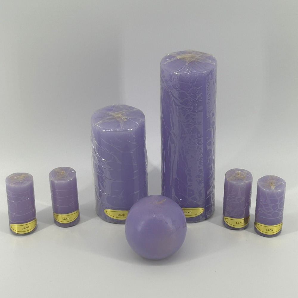 7 Piece Lilac Purple Pillar Ball Candle Set Wax Scented Home Decor NEW OUTDOOR
